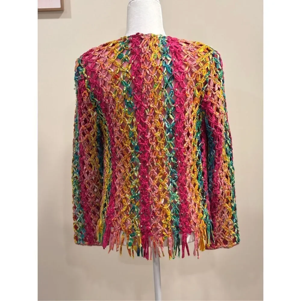 Vintage/Vtg Sandy Starkman Women's Knotted Woven Mesh Fringe Coat Multicolor Sma